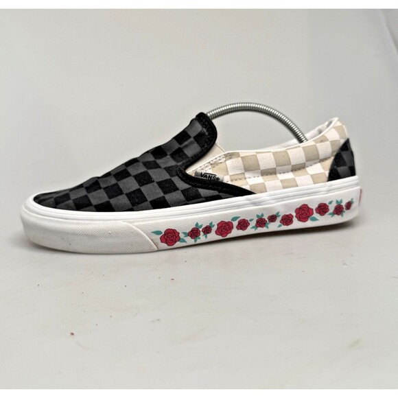 Vans Off The Wall Authentic Women’s 8.5 W Slip-On Roses Checkerboard Black White - Picture 4 of 13